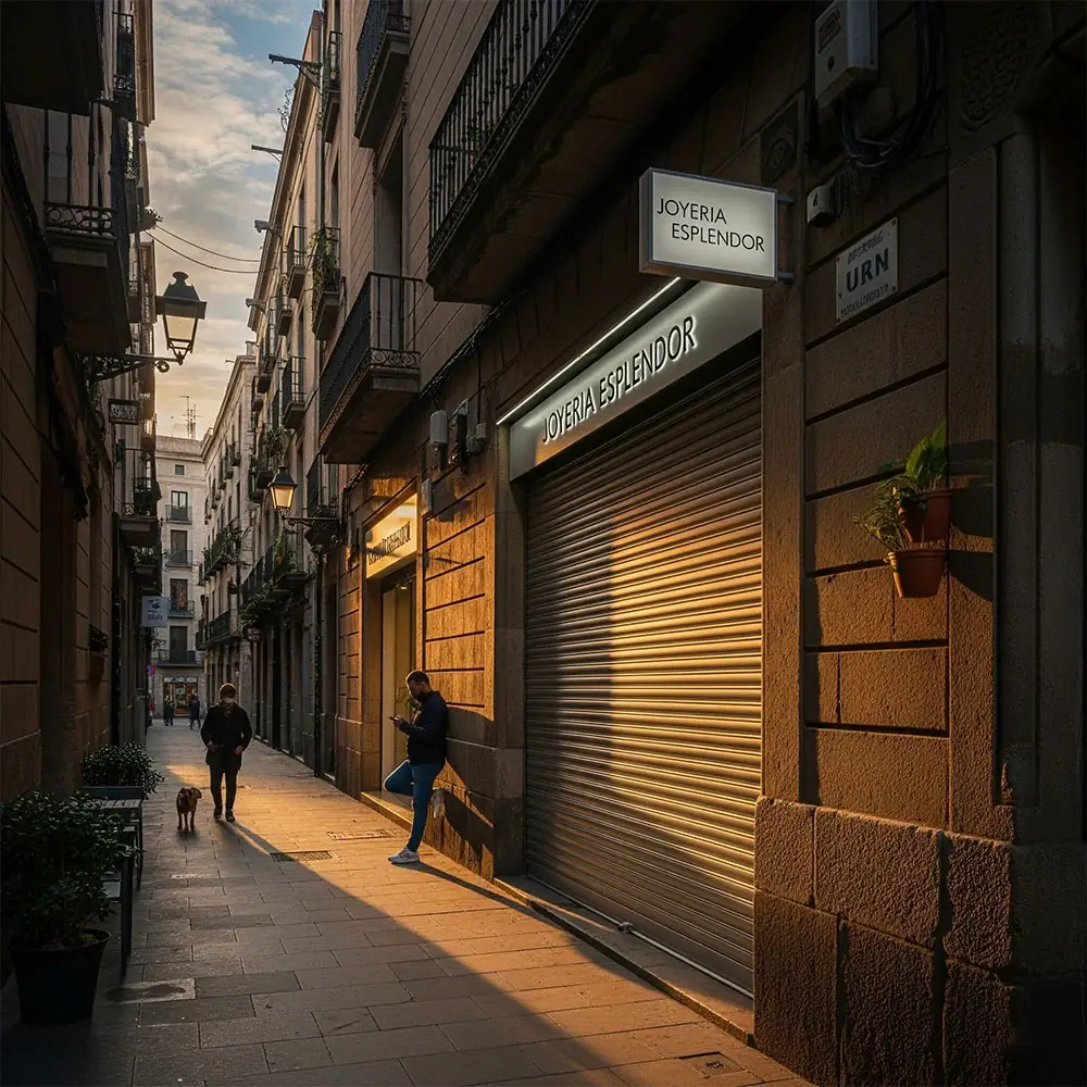 Persianas Sant Josep Barcelona puerta enrollable local negocio instalada correctamente seguridad comercial motorización eficiente protección total fachada impecable - Contacto persianas Sant Josep