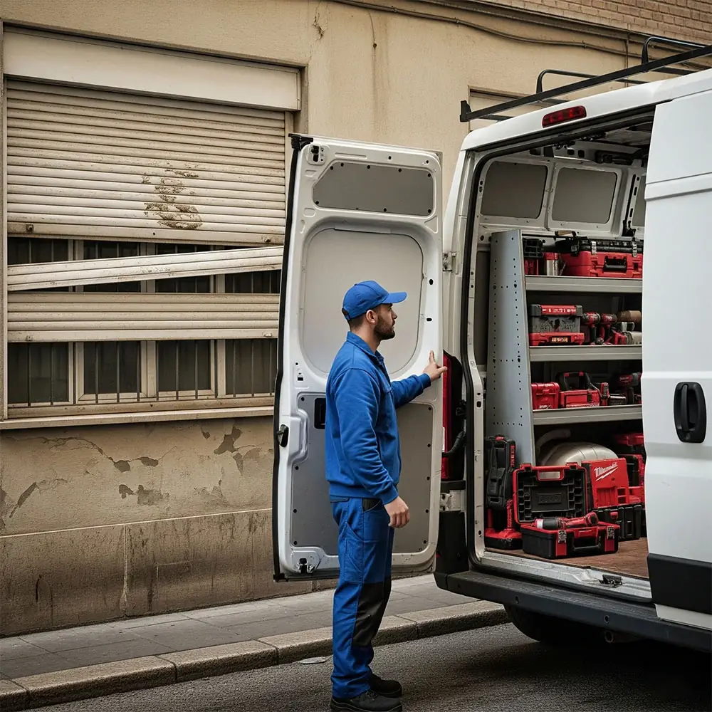 Técnico Persianas Sant Josep reparación persiana enrollable aluminio doméstica Barcelona urgente 24 horas servicio profesional furgoneta equipada herramientas especializadas - Contacto persianas Sant Josep