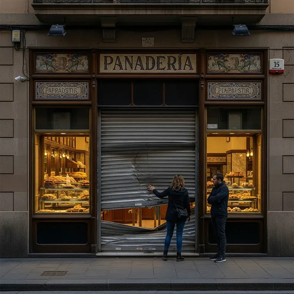 Panadería con puerta enrollable rota en Barcelona - reparación especializada para comercios alimentarios
