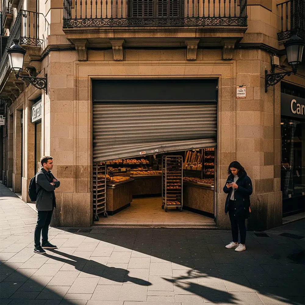 Puerta enrollable atascada y rota en panadería Barcelona - reparación de emergencia Sant Josep