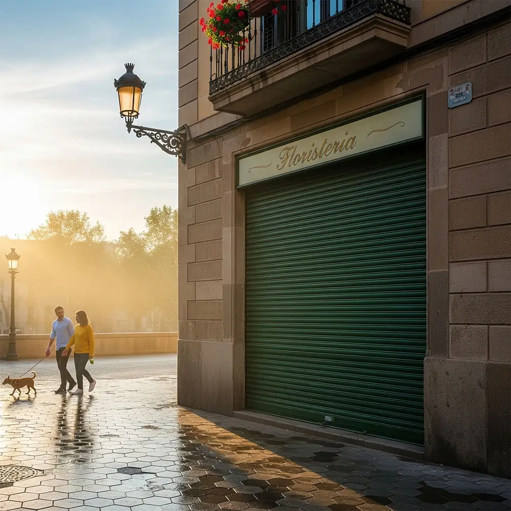 Puerta enrollable automática metálica para local comercial en Barcelona con sistema de seguridad
