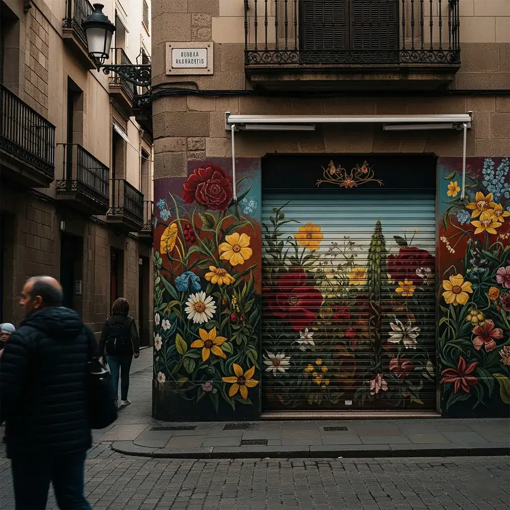 Puerta enrollable motorizada correctamente instalada en floristería Barcelona - instalación Sant Josep