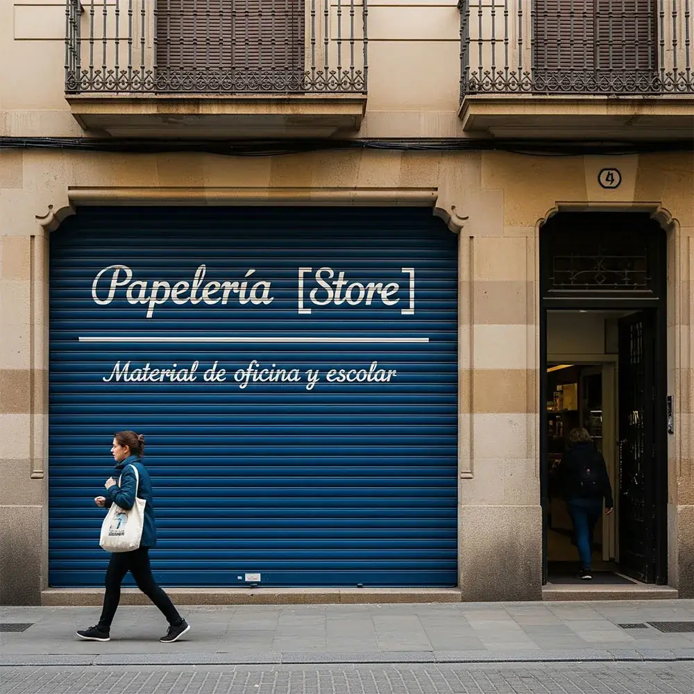 Puerta enrollable bien instalada en papelería librería Barcelona - instalación profesional Sant Josep