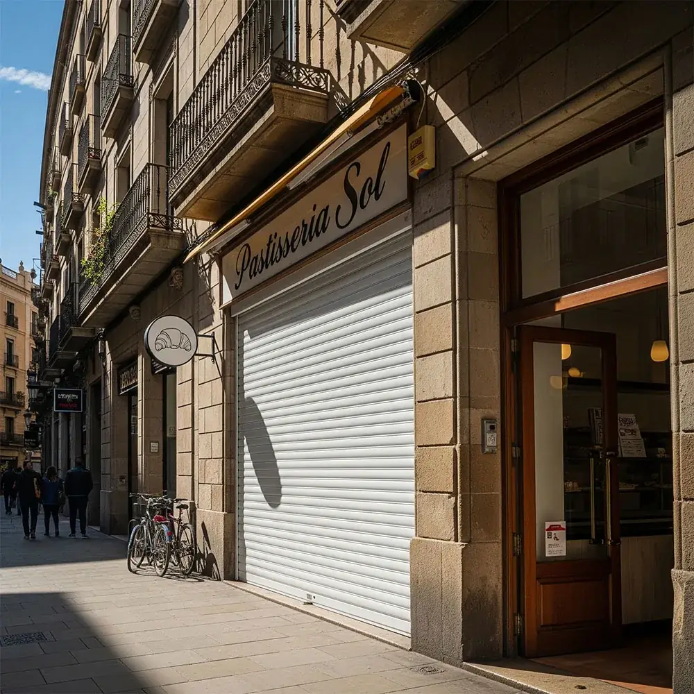 Puerta enrollable en perfecto estado instalada en pastelería Barcelona - trabajo profesional Sant Josep